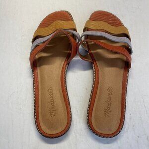 Madewell Slide Flat Sandal Embossed Leather‎ Triple Straps Size 7.5,Comfort